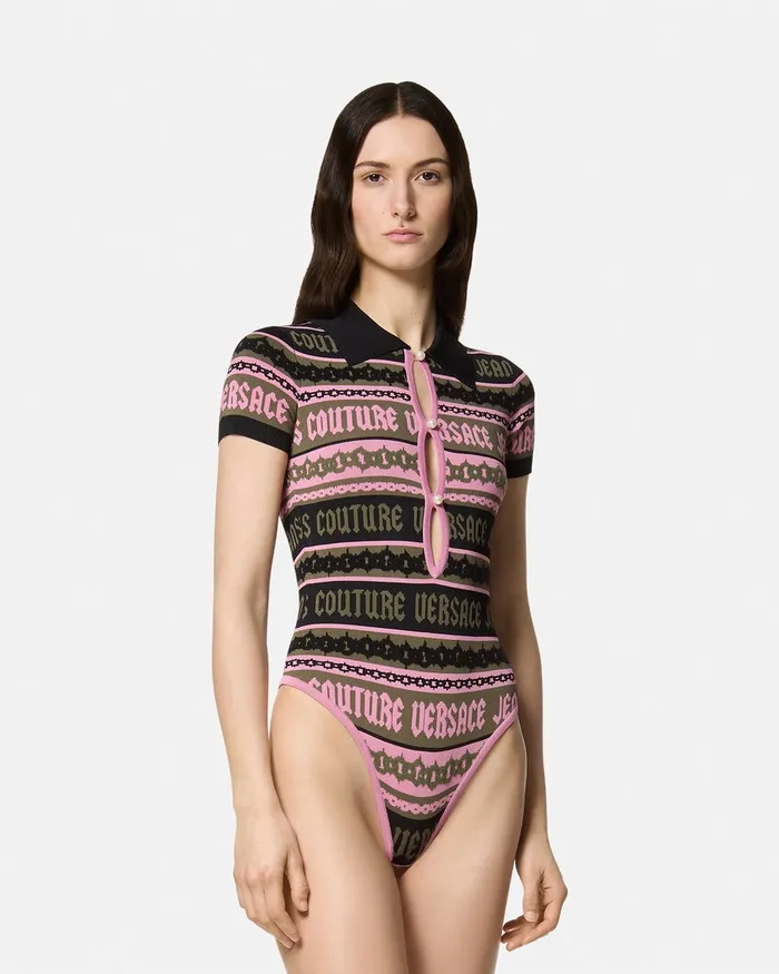 Versace Stripes Jacquard Knit Bodysuit Green Women Jeans Couture