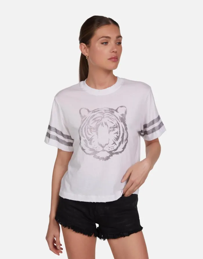 Women039s Rue Vintage Tiger Elements White Lauren Moshi Short Sleeve