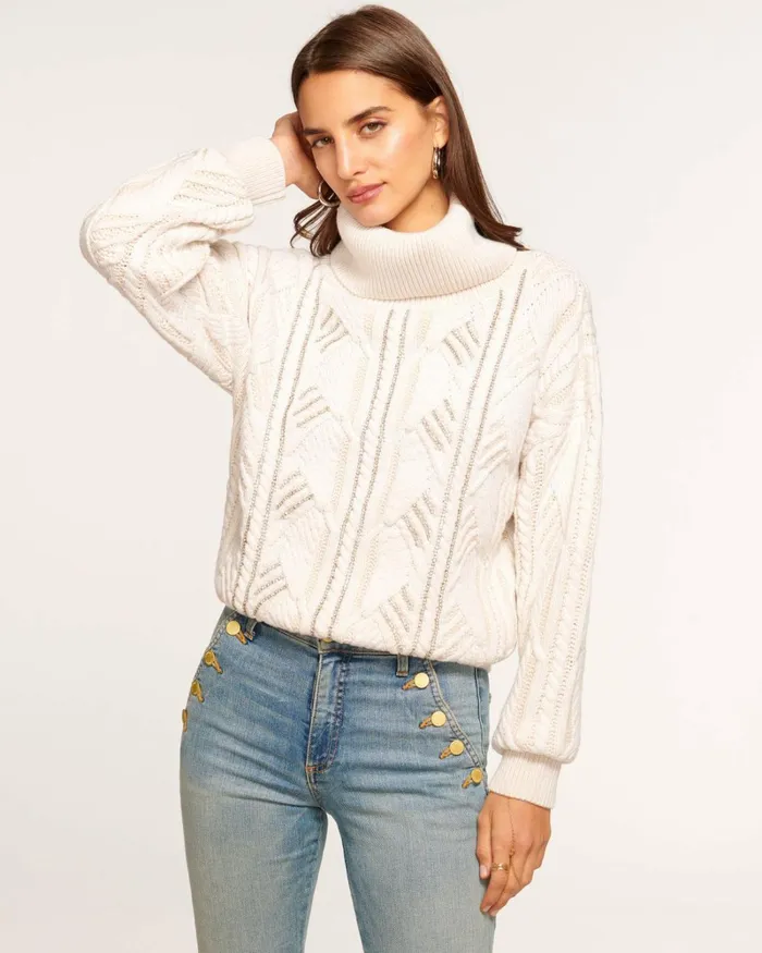 Women Annabelle Embellished Turtleneck Sweater Ivory Bedazzled Ramy Brook Tops Women Annabelle Embellished Turtleneck Sweater Ivory Bedazzled Ramy Brook Tops