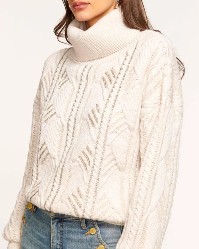 Women Annabelle Embellished Turtleneck Sweater Ivory Bedazzled Ramy Brook Tops Women Annabelle Embellished Turtleneck Sweater Ivory Bedazzled Ramy Brook Tops