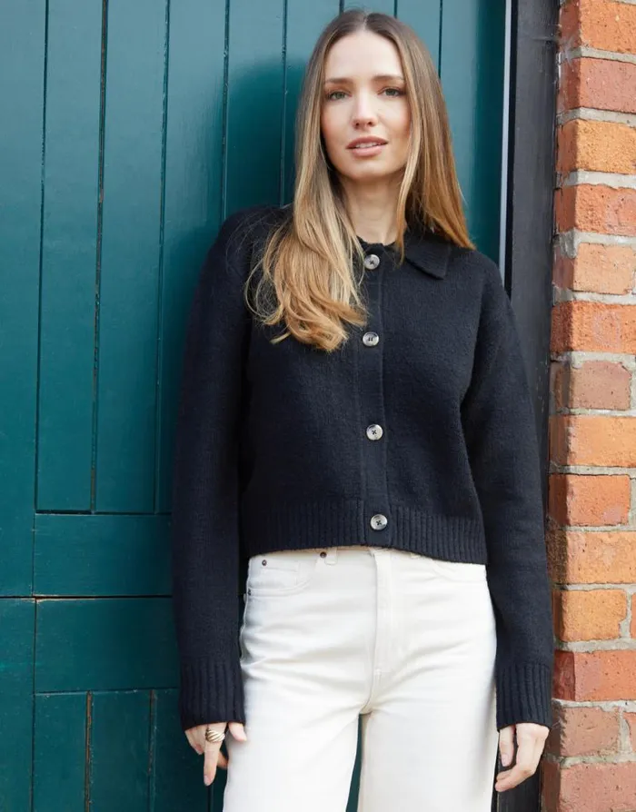 Women Black Cropped Collared Knitted Cardigan Threadbare Cardigans Women Black Cropped Collared Knitted Cardigan Threadbare Cardigans