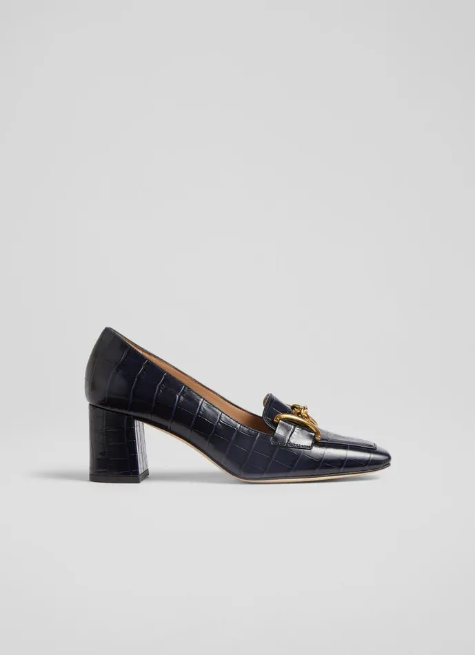 Women Court Shoes LKBennett Samantha Navy CrocEffect Leather SnaffleDetail Courts Navy Blue