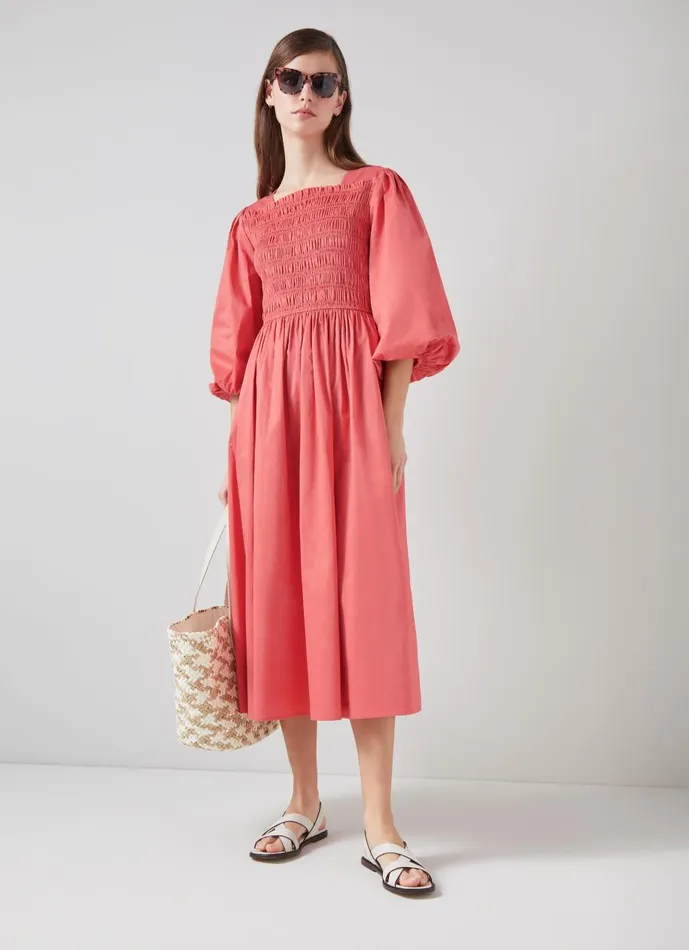 Women Dresses LKBennett Calister Dark Pink Organic Cotton Shirred Dress Rose