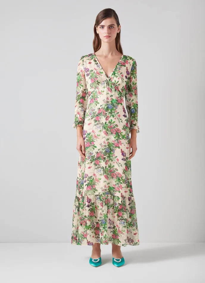 Women Dresses LKBennett Deborah Neon Garden Print SilkBlend Maxi Dress Cream