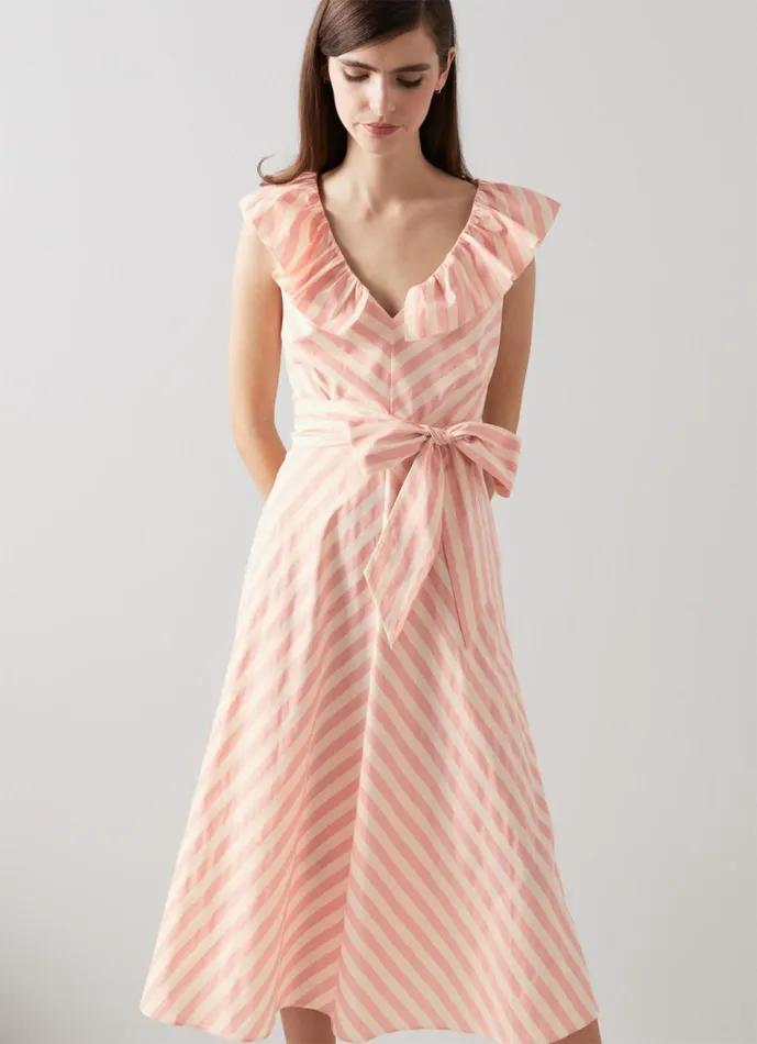 Women Dresses LKBennett Shenyu Pink And White Cotton Candy Stripe Dress Striped Dress