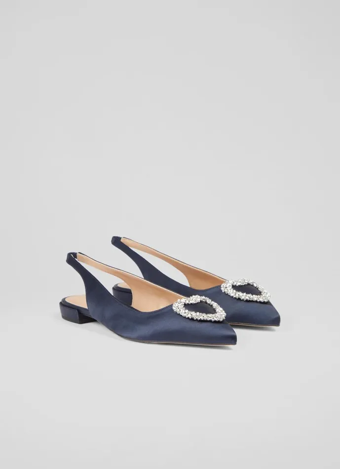 Women Flats LKBennett Luana Navy Satin Heart Brooch Slingback Flats Navy Women Flats LKBennett Luana Navy Satin Heart Brooch Slingback Flats Navy