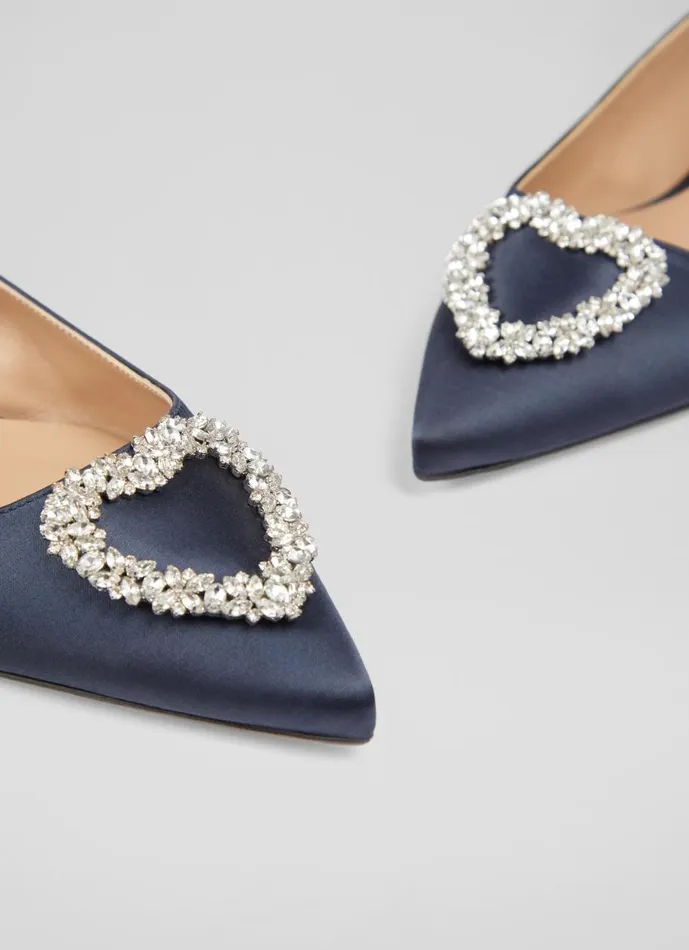 Women Flats LKBennett Luana Navy Satin Heart Brooch Slingback Flats Navy Women Flats LKBennett Luana Navy Satin Heart Brooch Slingback Flats Navy