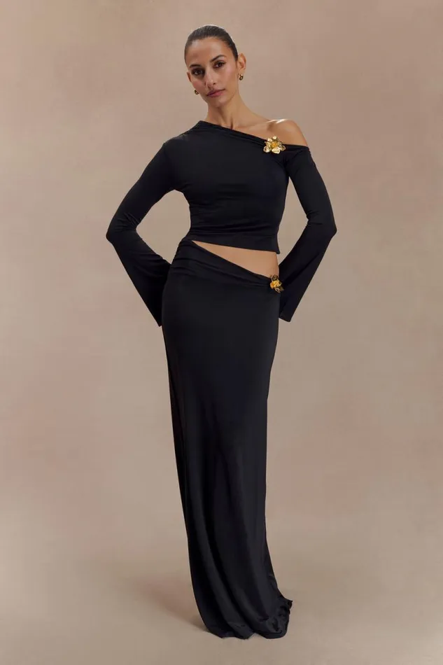 Women Meshki Bottoms Ainsley Asymmetrical Maxi Skirt With Floral Hardware 8211 Black