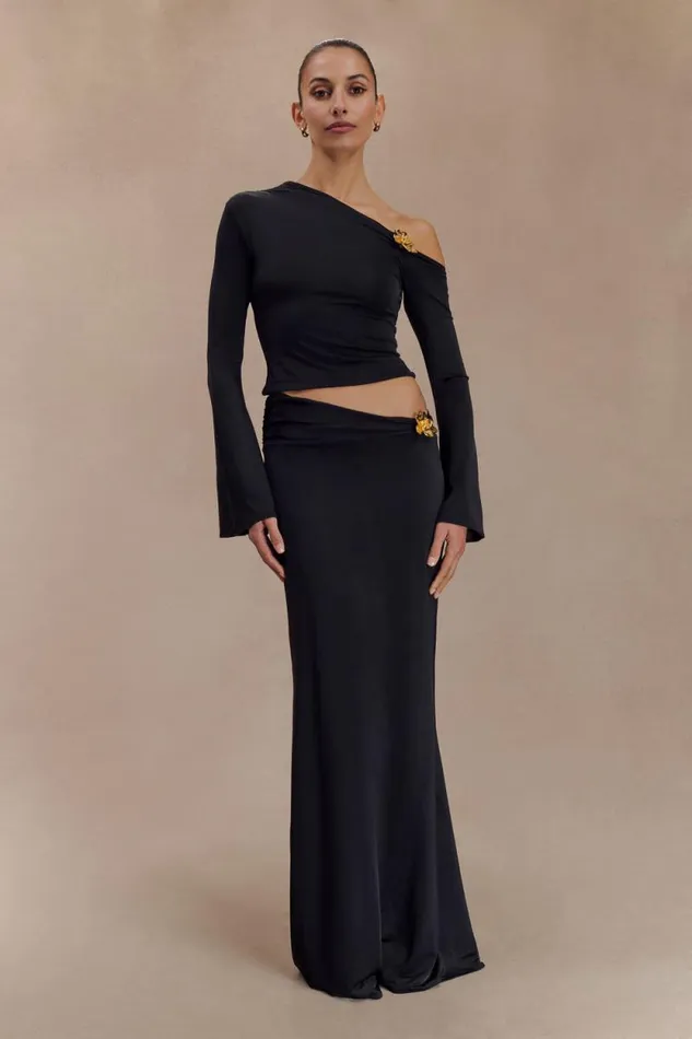 Women Meshki Bottoms Ainsley Asymmetrical Maxi Skirt With Floral Hardware 8211 Black