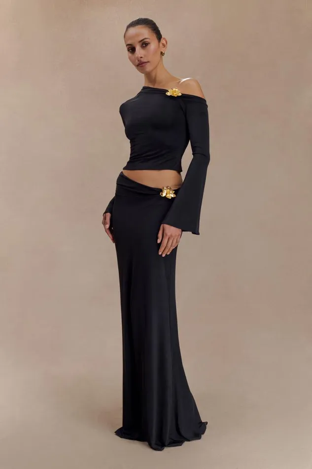 Women Meshki Bottoms Ainsley Asymmetrical Maxi Skirt With Floral Hardware 8211 Black