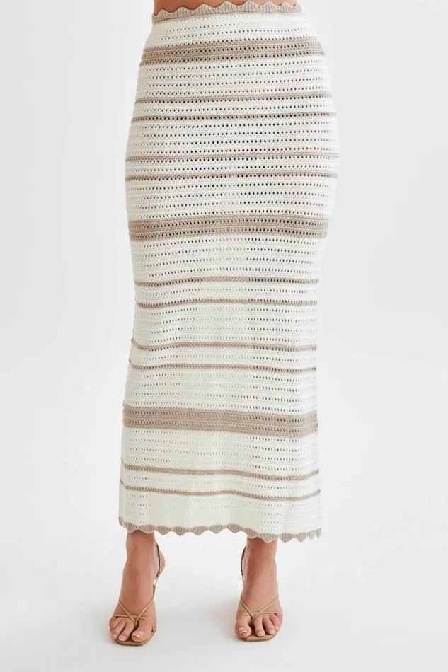 Women Meshki Bottoms Jadia Contrast Crochet Fishtail Maxi Skirt 8211 TaupeWhite
