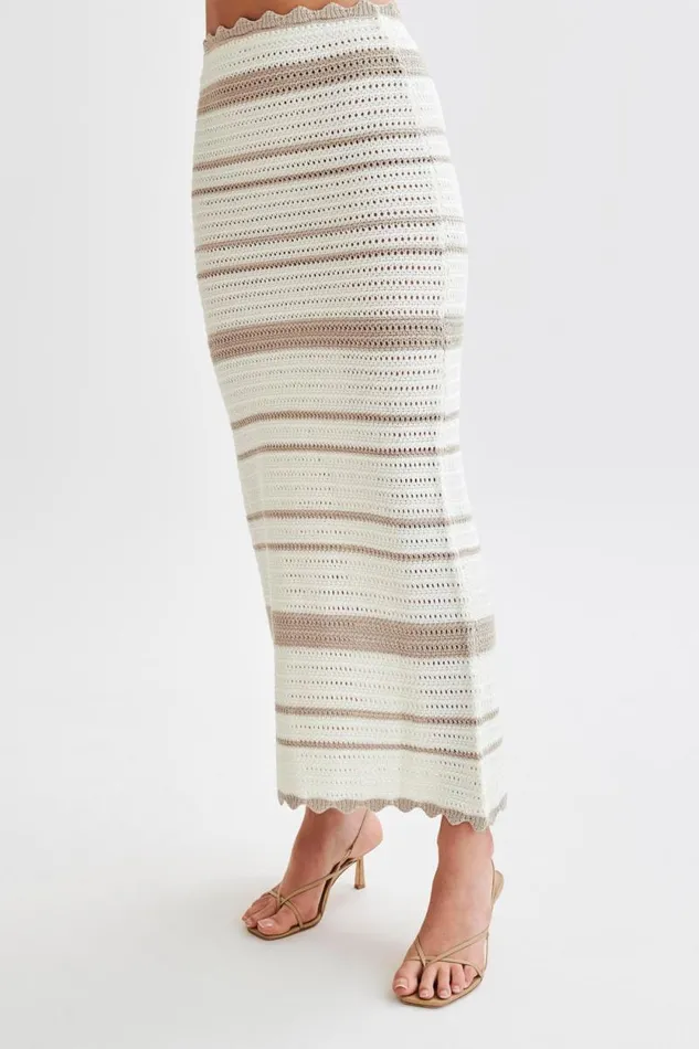 Women Meshki Bottoms Jadia Contrast Crochet Fishtail Maxi Skirt 8211 TaupeWhite