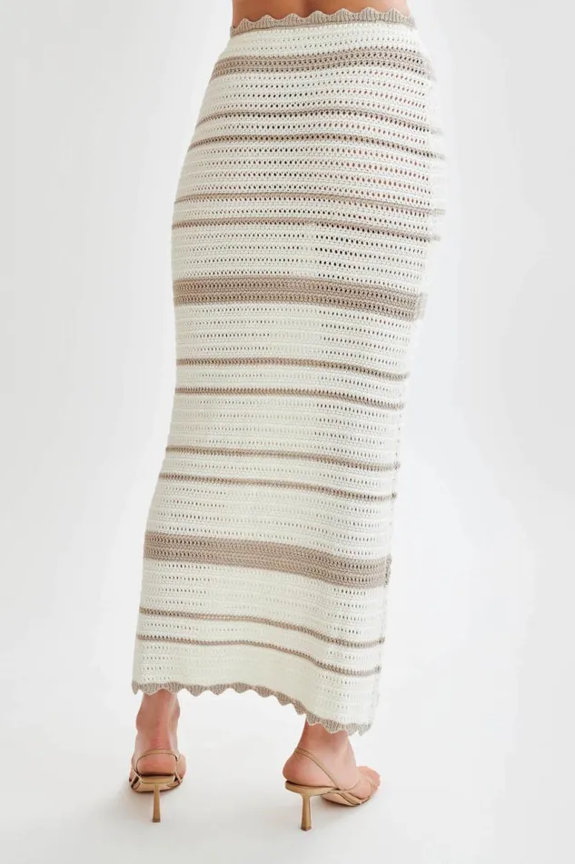 Women Meshki Bottoms Jadia Contrast Crochet Fishtail Maxi Skirt 8211 TaupeWhite