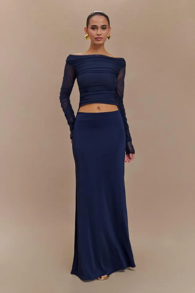 Women Meshki Dresses Darla Mesh And Slinky Off Shoulder Maxi Dress 8211 Dark Navy