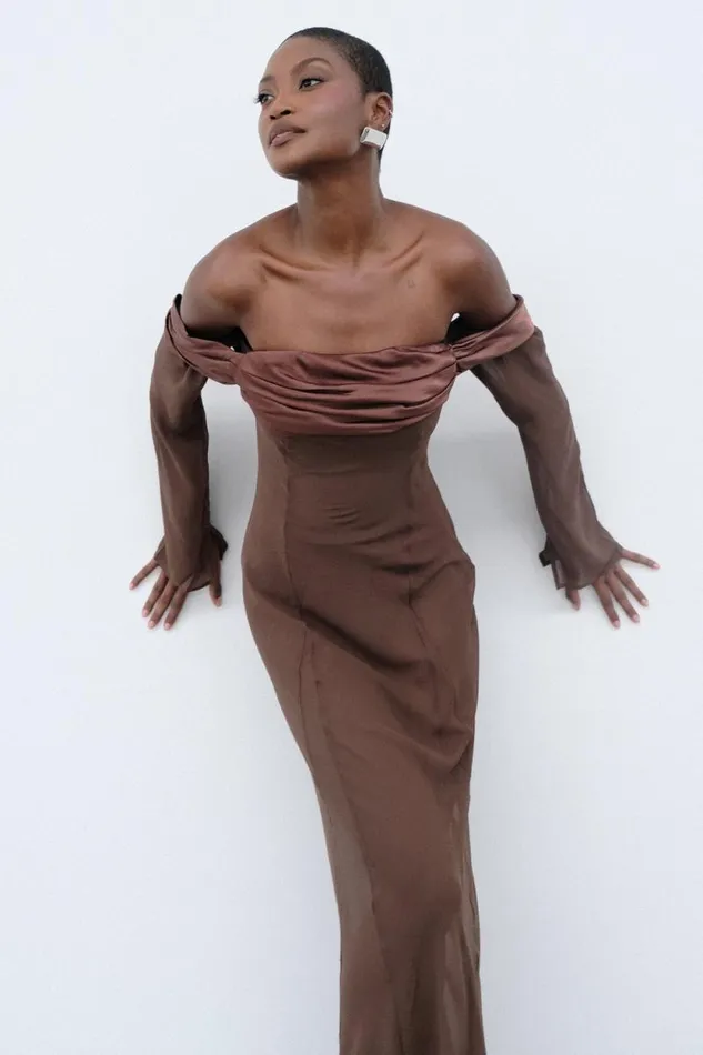 Women Meshki Dresses Ivanna Off Shoulder Chiffon Maxi Dress 8211 Mocha