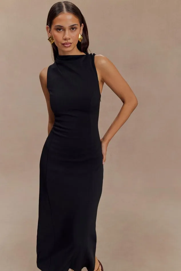 Women Meshki Dresses Taylor Draped Stretch Crepe Midi Dress 8211 Black