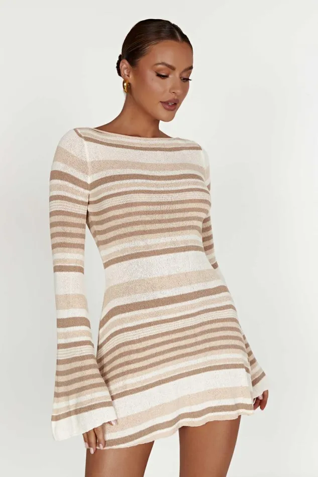 Women Meshki Dresses Zahra Long Sleeve Open Back Mini Knit Dress 8211 Cream