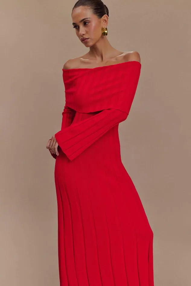 Women Meshki Outerwear Alonza Long Sleeve Knit Midi Dress 8211 Red
