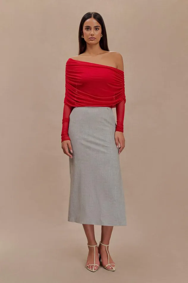Women Meshki Tops Everly Sheer Mesh Off Shoulder Top 8211 Ruby