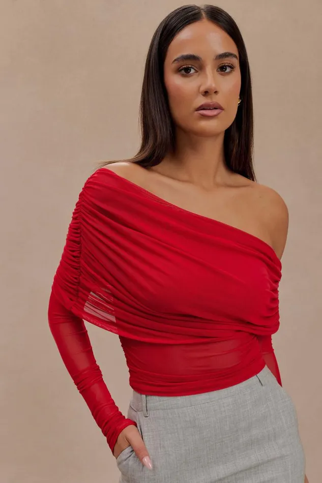 Women Meshki Tops Everly Sheer Mesh Off Shoulder Top 8211 Ruby