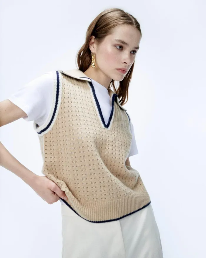 Women Sleeveless Sweaters From Future Polo Neck Sleeveless Sweater Beige