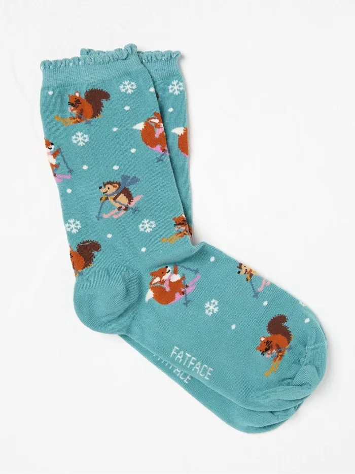 Women Socks and Tights Fat Face Green Skiing Animal Print Socks