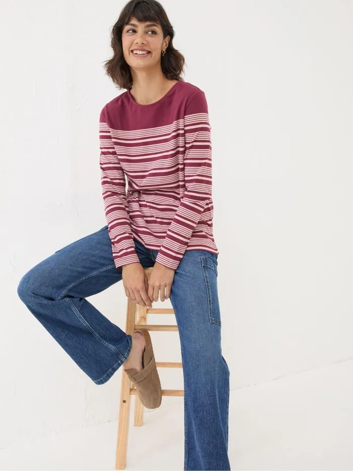 Women Tops and TShirts Fat Face Bex Red Stripe Button Back Top