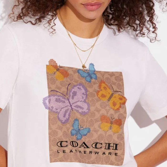 Women Tops Coach Signature Square Cross Stitch Motif T Shirt Whitetan Multi